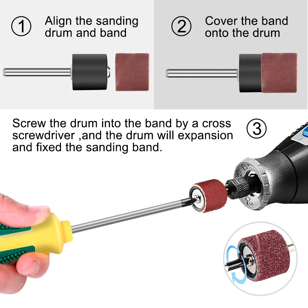 XCAN Pengamplasan Drum Set #80 #100 #120 Grit dengan 6.35Mm 12.7Mm Pengamplasan Mandrel untuk Alat Rotary Dremel Alat Abrasif Pita Pengamplasan