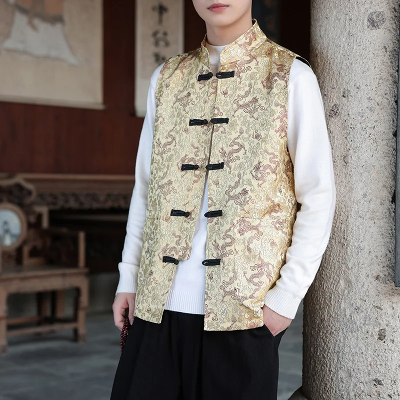 Traditional Tang Suit Sleeveless Vest for Men Retro Wave Jacquard Pattern Waistcoat Mandarin Collar New Chinese Style Outerwear