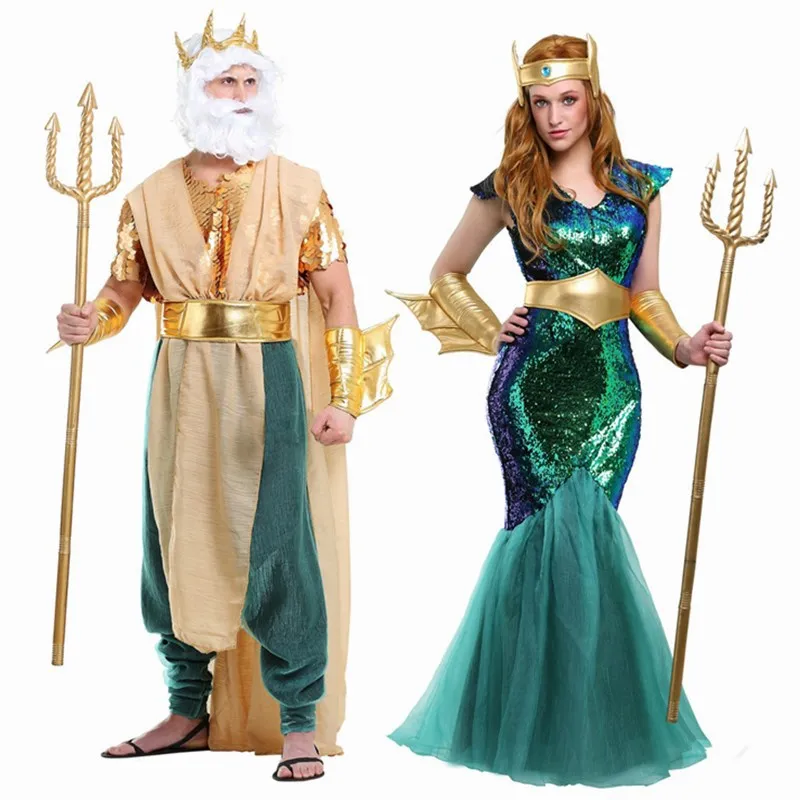Männer Frauen Paar Sea King Meerjungfrau Cosplay Komplettset, Ozeangottin-Kostüm mit Dreizack für Halloween, Karneval, Bühnenparty