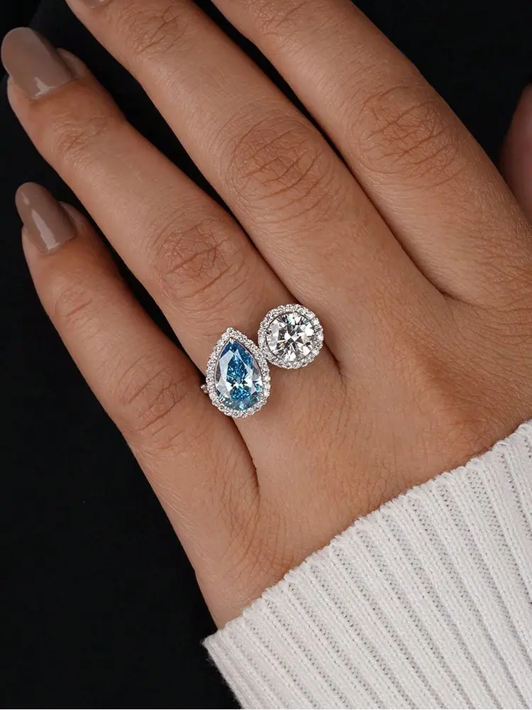 

925 Sterling Silver Simplicity Sea Blue Pear Round Zircon Ring For Women Engagement Wedding Luxury High Quality Fine Jewelry