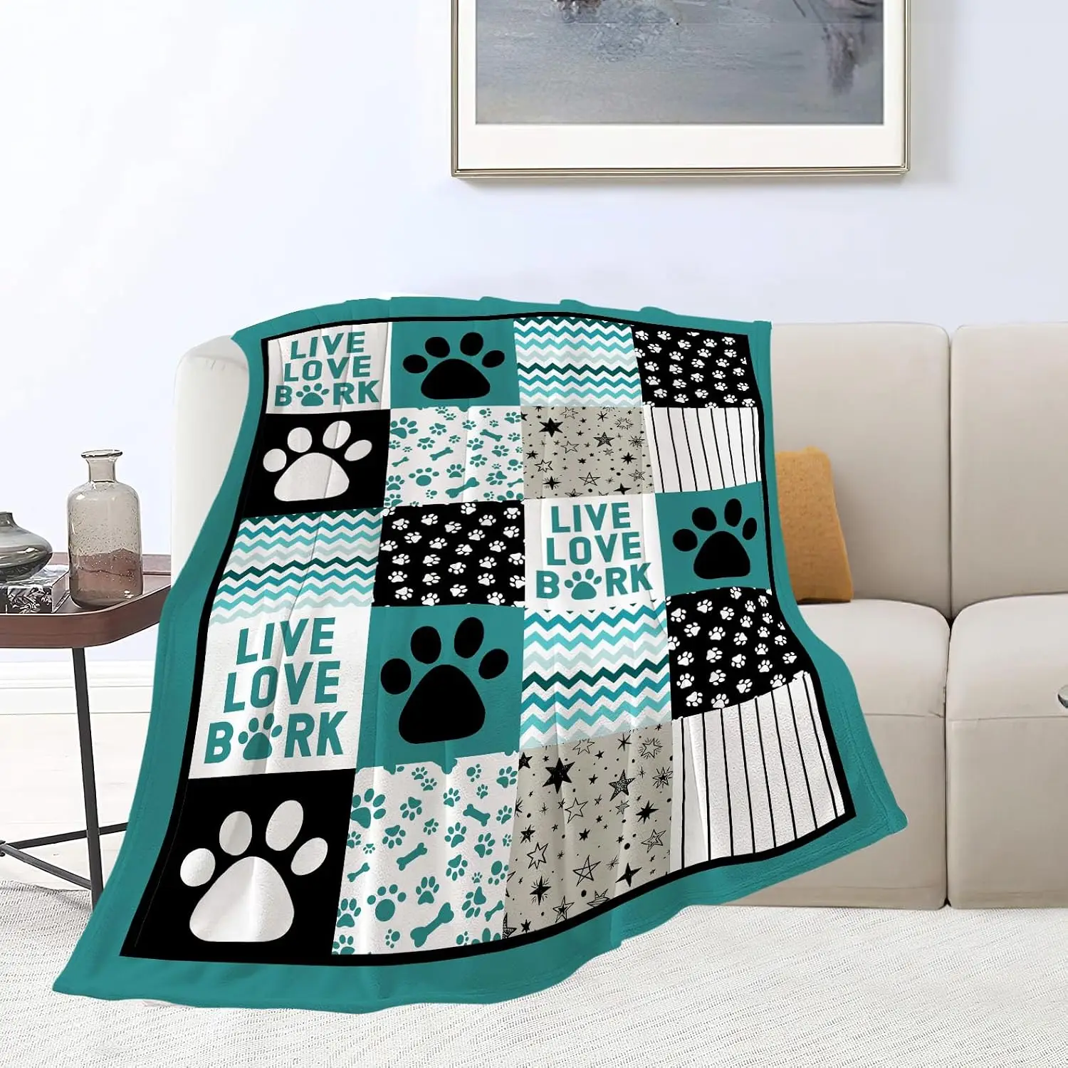 Multi Grid Dog Paw Live・Love・Bark Pattern Fluffy Blanket Soft Warm Cover For Couch Office Picnic Pet Decor Gift For Puppy Pet