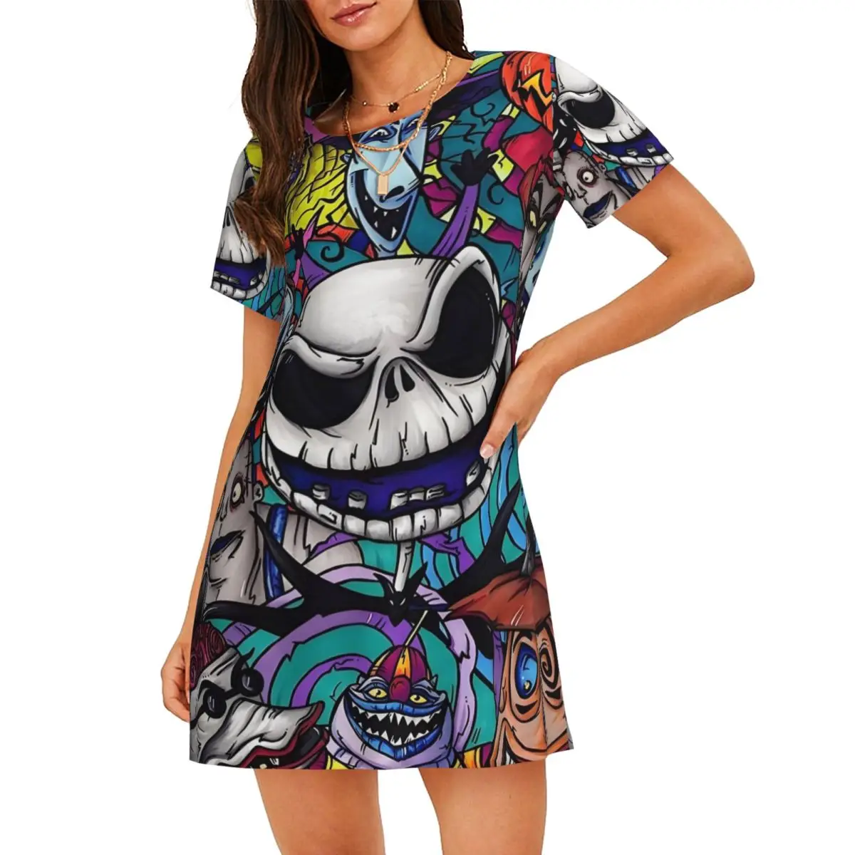 

Custom Jack Skellington Women Nightgown Sleepwear Short Sleeves The Pumpkin King of Halloween Town Sleepshirts Women's Pajamas