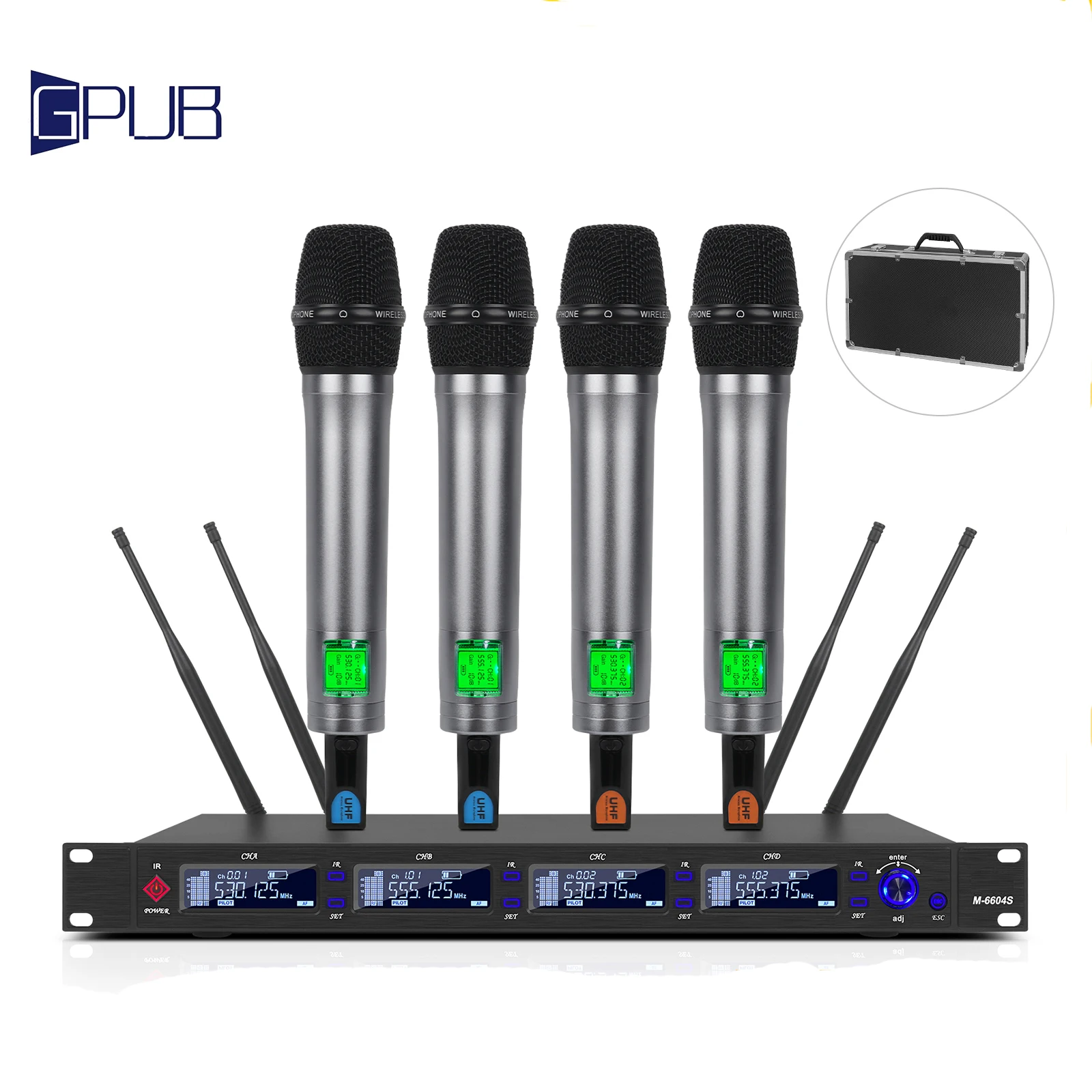 

M-6604S 4 Channels Metal with IR Function 390ft Professional True Diversity Wireless Microphone for Church(Aluminum Case)