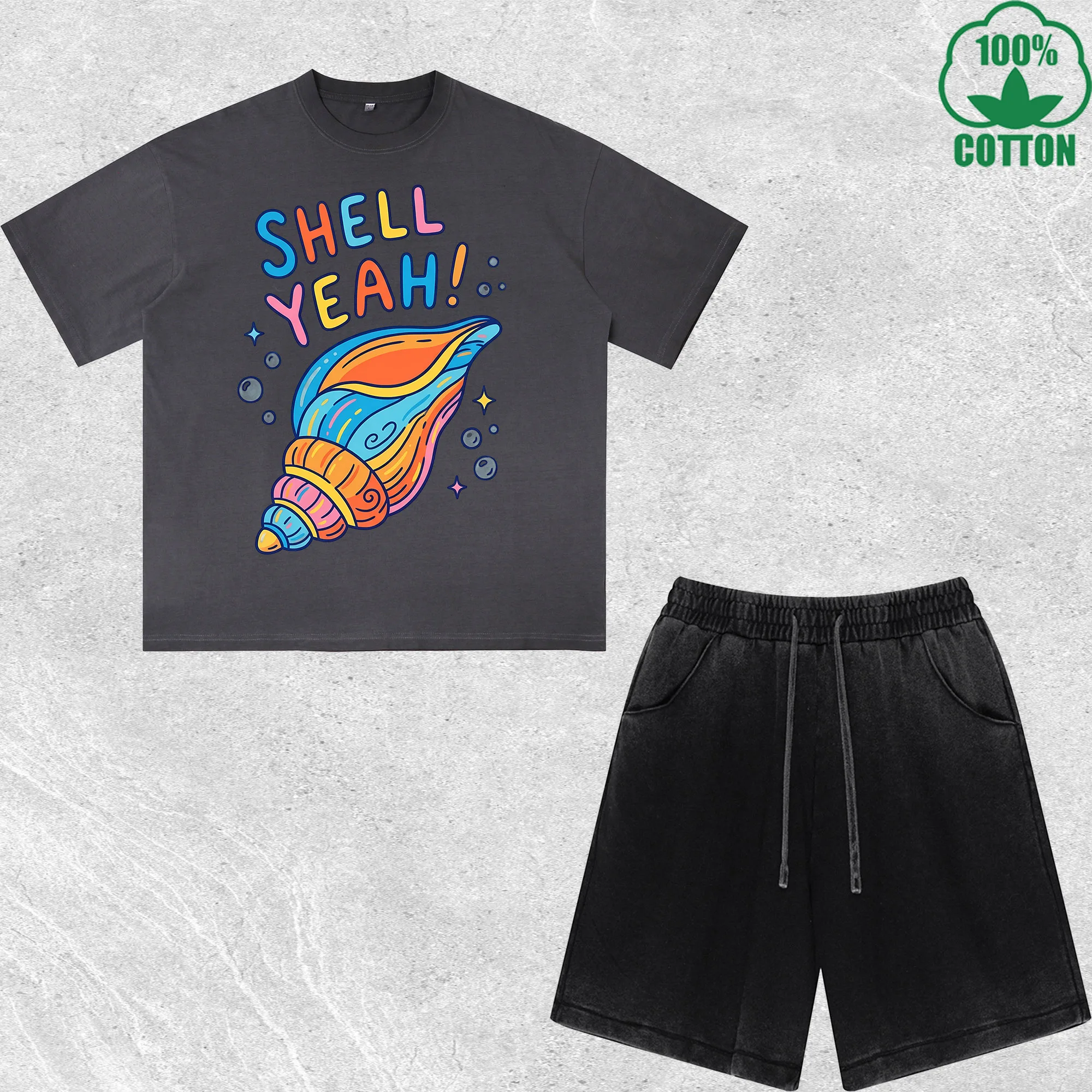 

Shell Yeah Printed Dirty Wash T-Shirt Shorts Set Combo Loose Trendy Fashionable 100%Cotton Short Value Pack