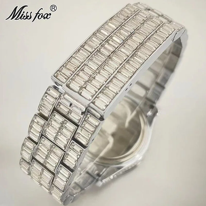 Fashion Watch For Men Brand MISSFOX Luxury Rainbow Square Diamond Wrist Watches Iced Out Jewelry Quartz Clocks Male Reloj Hombre