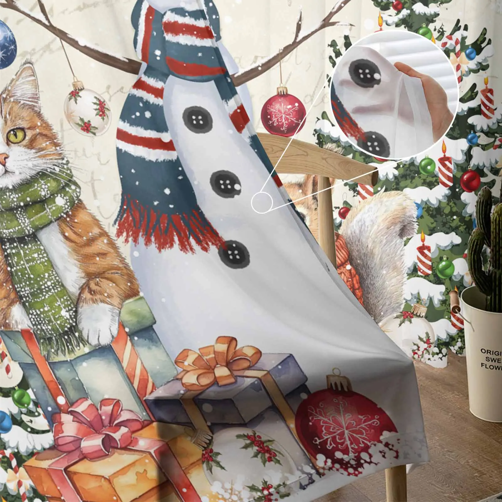 Christmas Tree Snowman Cat Squirrel Snowflake Ball Sheer Curtains Room Decoration Window Curtains Kitchen Tulle Voile Curtains