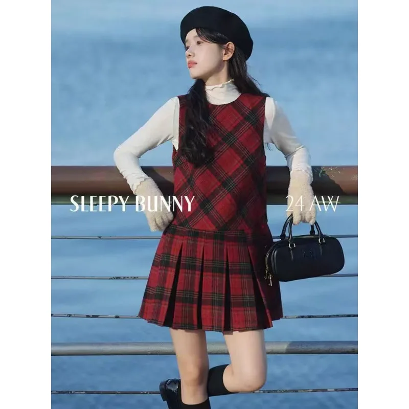 Vestido retrô contrastante xadrez colete para mulheres na primavera e no outono temperamento emendado sem mangas em camadas vestido plissado linha A