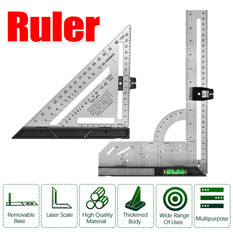 12inch Carbon Steel Right-Angle Ruler Meter Measuring Ruler Rotary Mechanic Tool Ruler Protractor 7inch Triangle Ruler