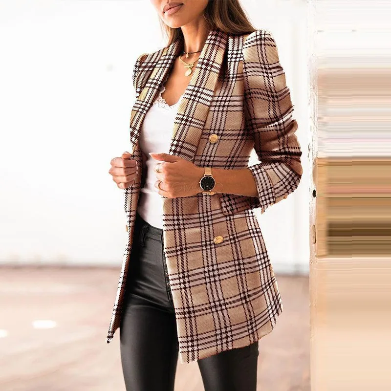 Notched Lapel Coat Printed Short Length Elegant with Fitted Cut Fitted Spring Double Breasted Commuter Regular Sleeve Women Suit