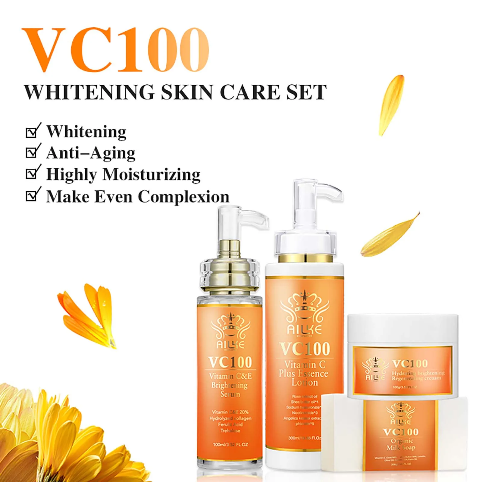 AILKE Vitamin C Brightening Kit For Women, Even Skin Tone, Soothe, Repair, Moisturizing, Clean & Radiance Body Care