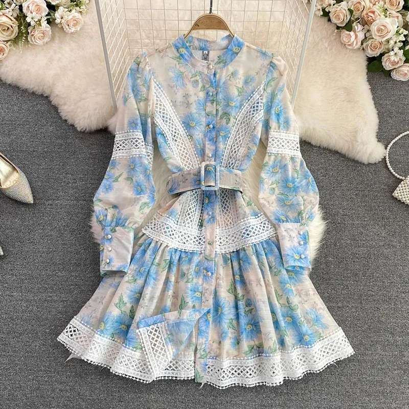 2025 Fashion Embroidery Lace Hollow Out Stitching Flower Dress Women Single Breasted Lantern Sleeve Floral Print Belt Vestidos