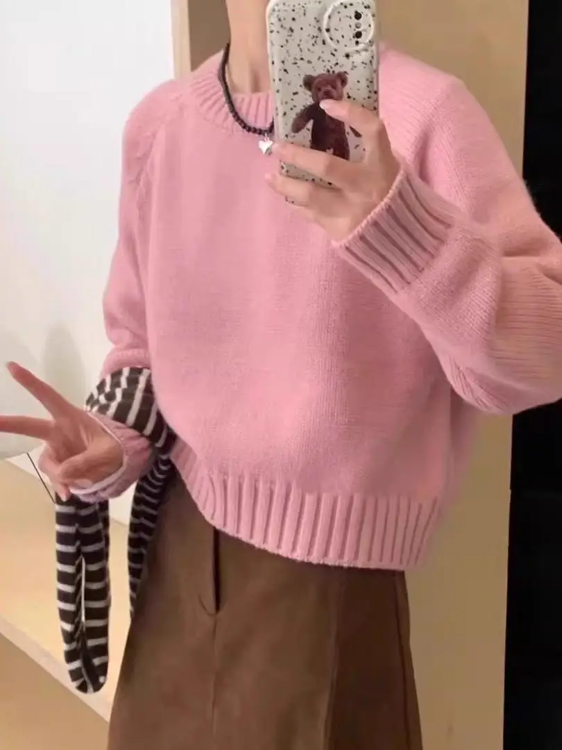 الحلوى الملونة محبوك ort Thiened سترة علوية لينة تنوعا غروب الشمس برتقالي بسيط كسول Sle قاعدة طبقة المرأة Faion