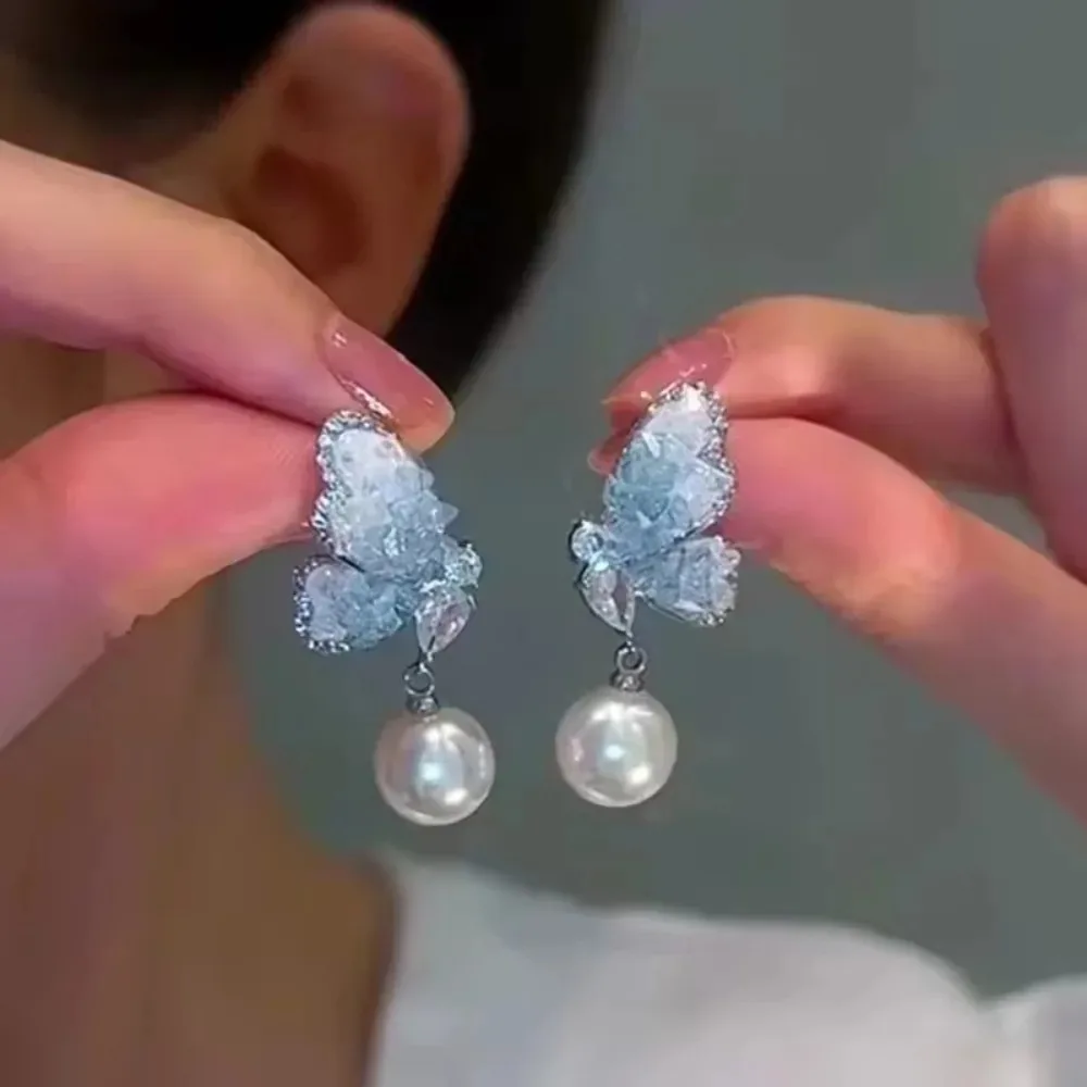 Blue Crystal Zircon Butterfly Stud Earrings for Women, Pearl Pendant Trendy Sweet Personality Girls Jewelry Gift