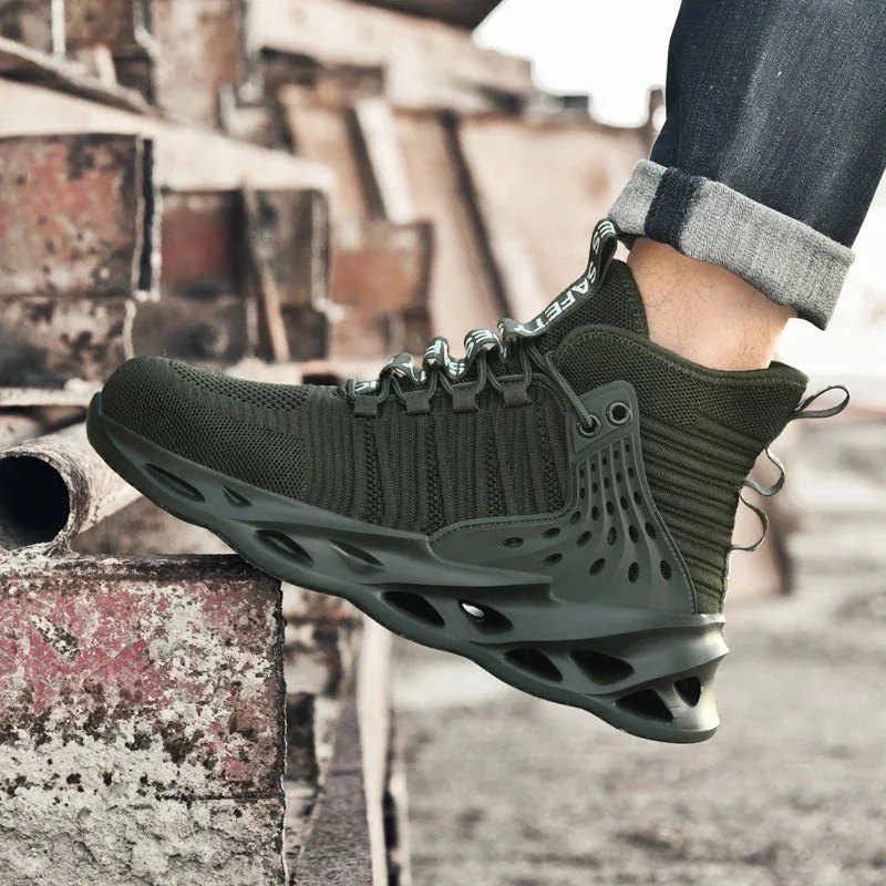 أحذية أمان غير قابلة للانزلاق للرجال، أحذية رياضية برأس فولاذي، مقاومة للثقب، زر دوار، أحذية عمل، أحذية رياضية مضادة للسحق