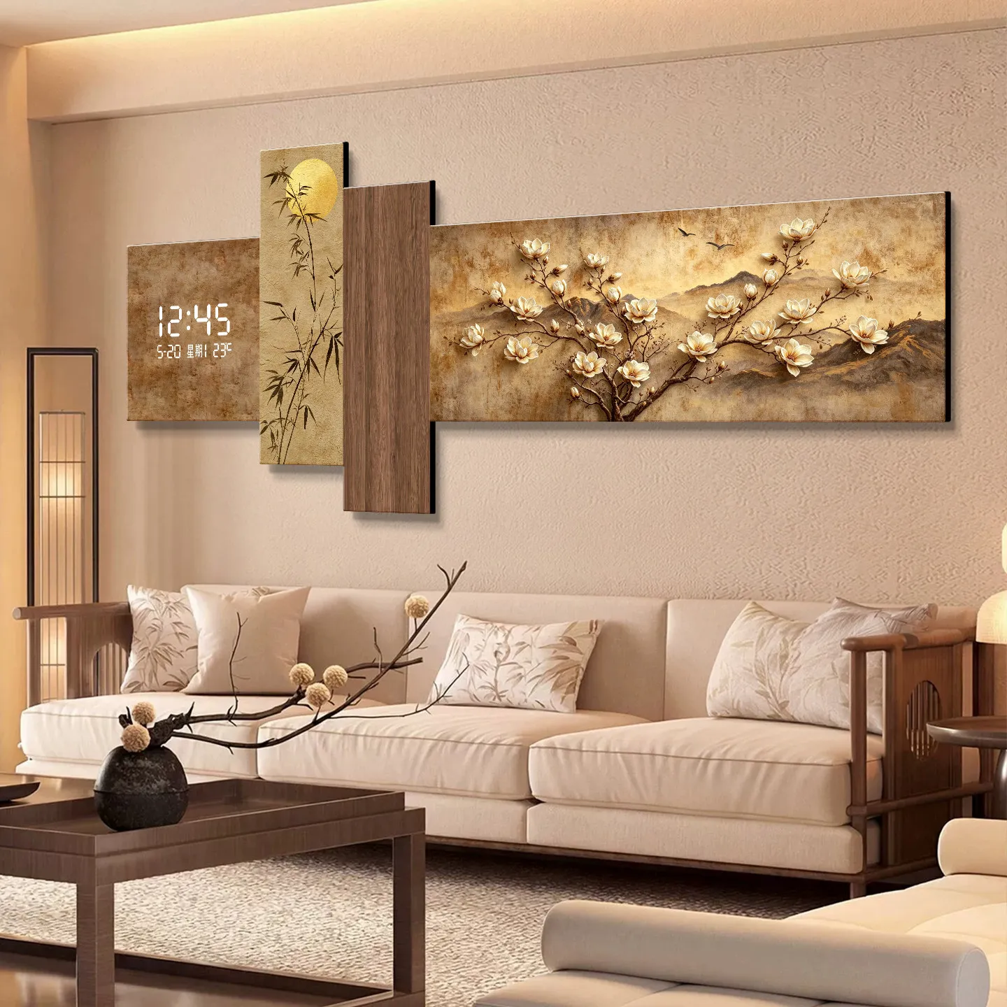 Jade Orchid Living Room Led Decorative Painting Electronic Screen Clock Home Decoration Sofa Background Wall Hanging Mural Lamp
