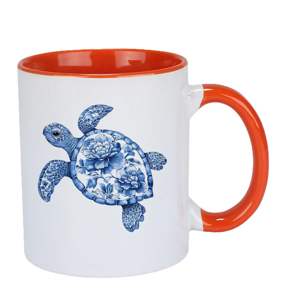 11oz Blue and White Porcelain Style Turtle Floral Print Ceramic Coffee Mug Summer Outdoor display cup Home Use Holiday Present C