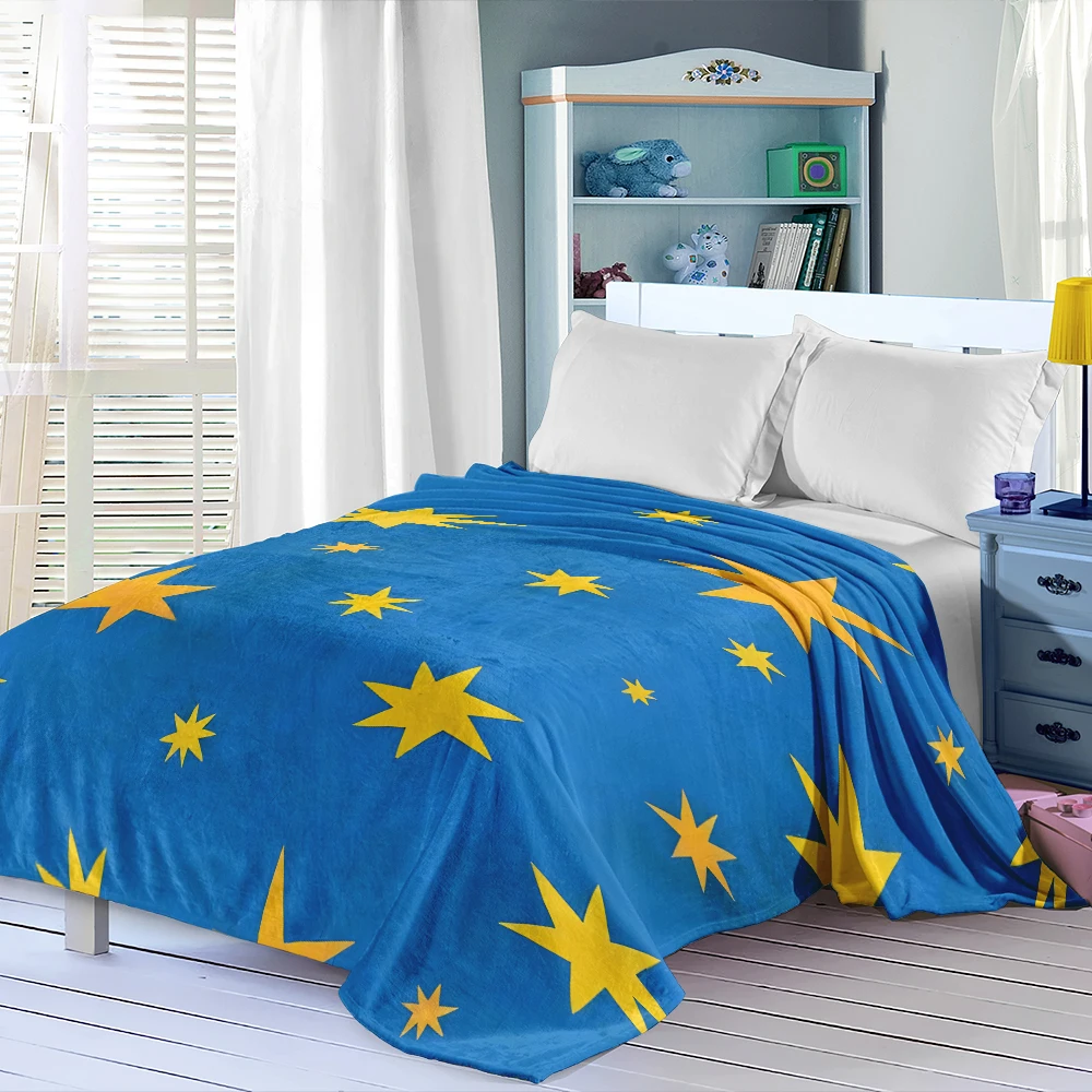Blue Yellow Octagram Stars Flannel Blanket Cartoon Printed Throw Blanket for Kids Adults Soft Plush Bed Sofa Cover Gift