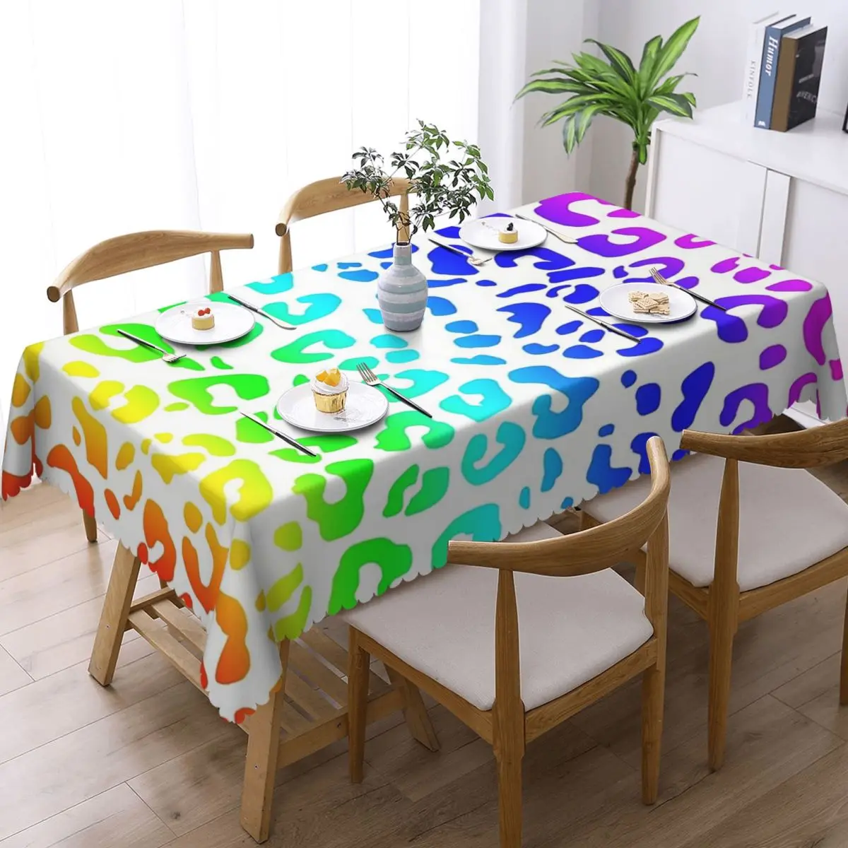 Rainbow And White Spots Leopard Print Custom Rectangular Tablecloth Waterproof Table Cover for Dining Events Table Cloth