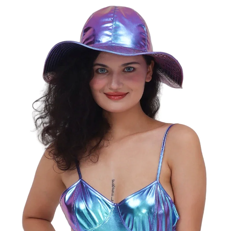 Kapelusz typu bucket hat z szerokim rondem, metaliczny, błyszczący, dwukomorowy, w stylu hip-hopowym, jednolity kolor, uniwersalny, model 2025.
