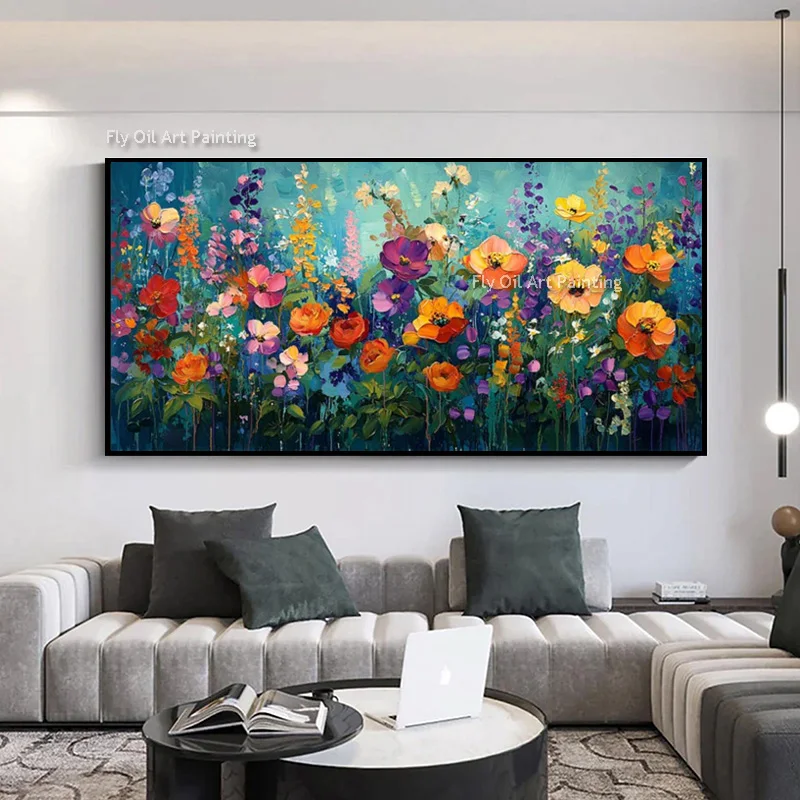 Hand Made Large Dark Green Artwork Yellow Orange Flowers Field Oil Painting On Canvas Simple White Red Home Wall Decor Items