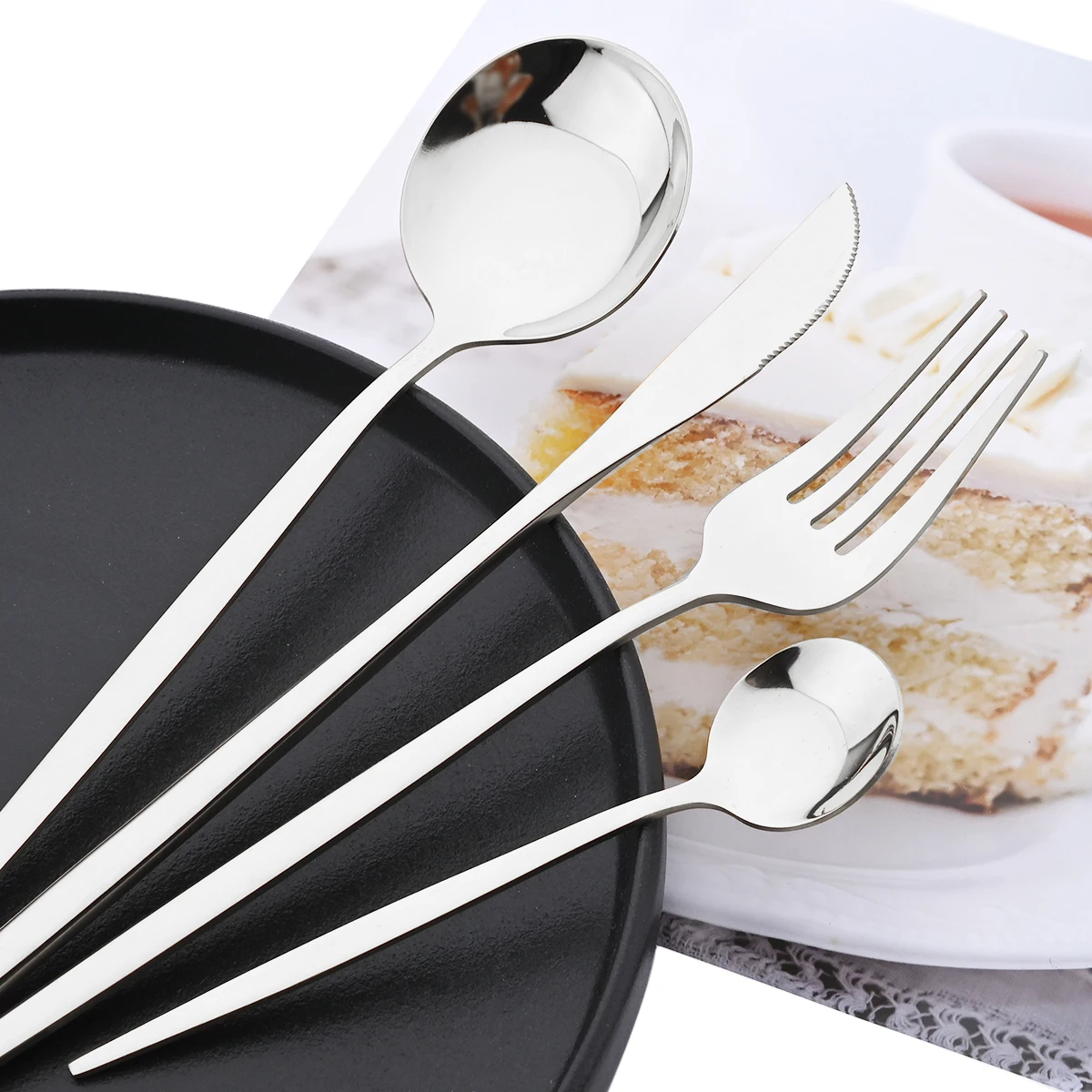 6 People White Gold Dinnerware Cutlery Set Western Mirror Stainless Steel Tableware Knife Fork Spoon Flatware Kitchen Silverware