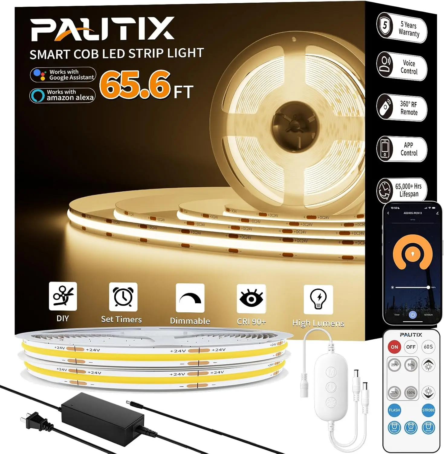 

COB LED Strip Light 65.6ft/20m,Work with Alexa/Google Assistant,9600 LEDs Warm White 3000K,CRI93+ Super Bright High Lumen