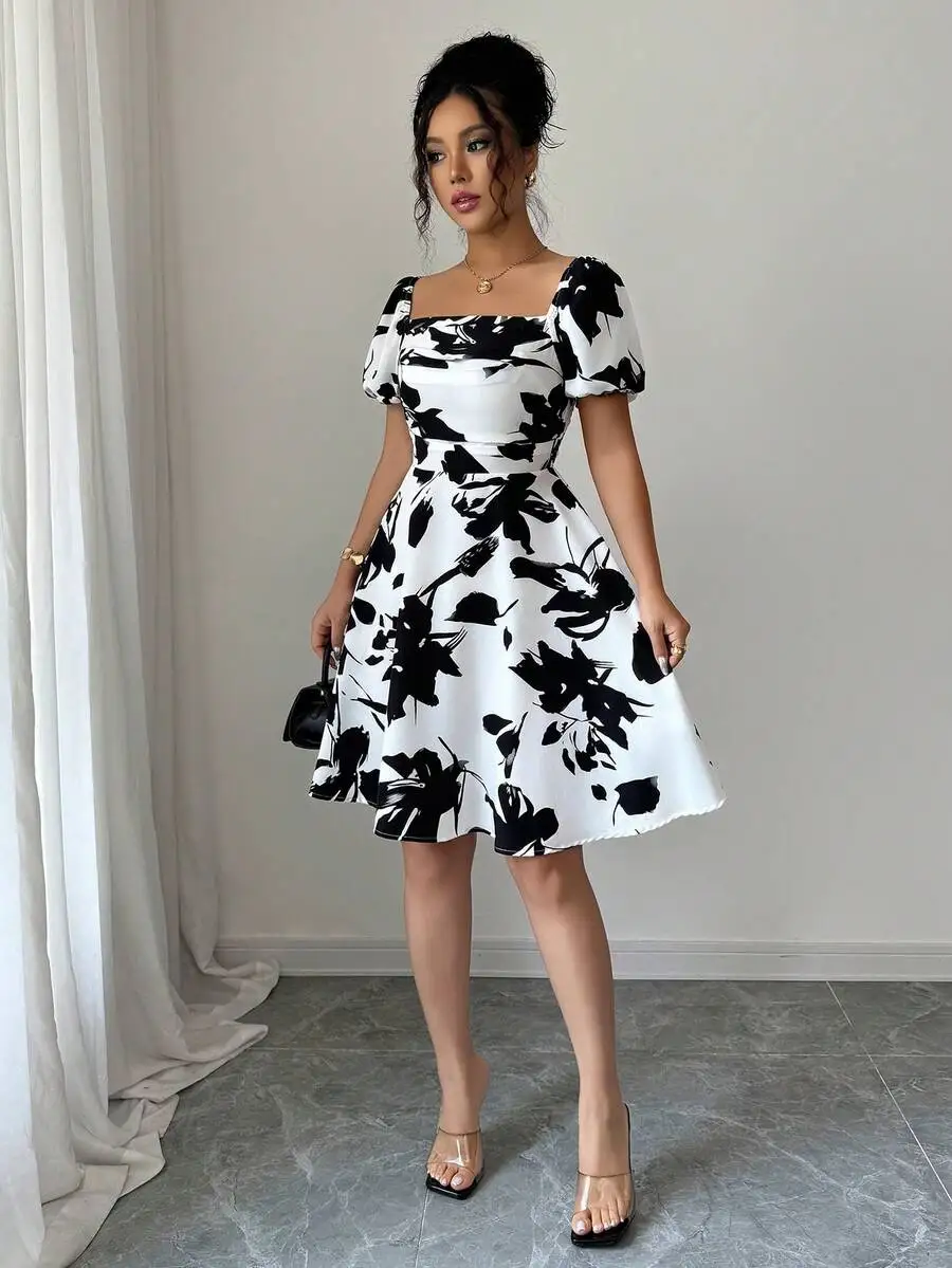 

Black And White Floral Print Square Neck Puff Sleeve A-Line Mini Dress