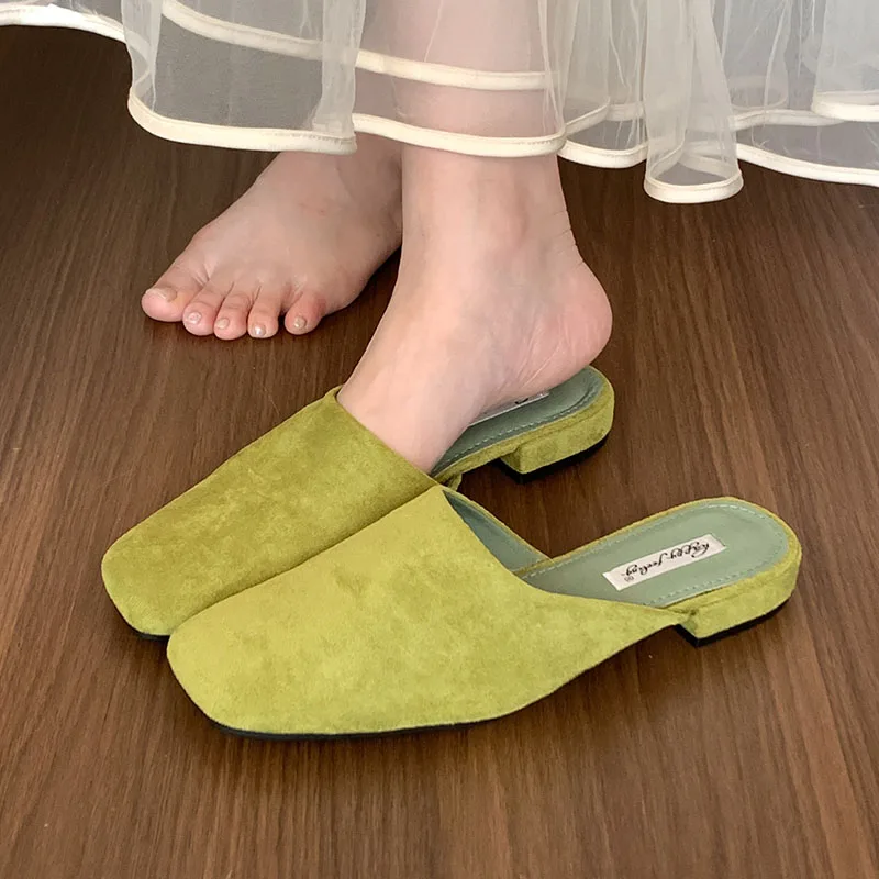 2024 Green Brand Women Slippers Square-toed Muller Shoes Lady Luxury Low Heel Outdoor Slippers Summer Fashion All-Match Slides