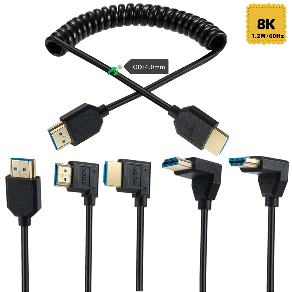 HDMI coiled Cable 8K Super Flexible Slim HDMI-compatible Cord, 48Gbps High Speed 3D 8K60 4K120 144Hz,left/right/up/down