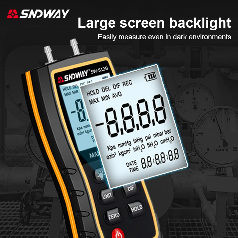 SNDWAY Digital Manometer Air Pressure Gauge Professional Pressure Differential Detector ±103.42 KPa Meter tool kit