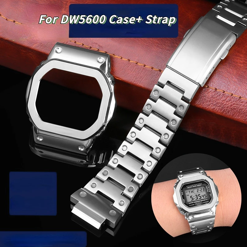 For Casio G-SHOCK metal case strap stainless steel Suit DW5600/GW-M5610/5000 GW-B5600 Modified Cool style Golden black watchband