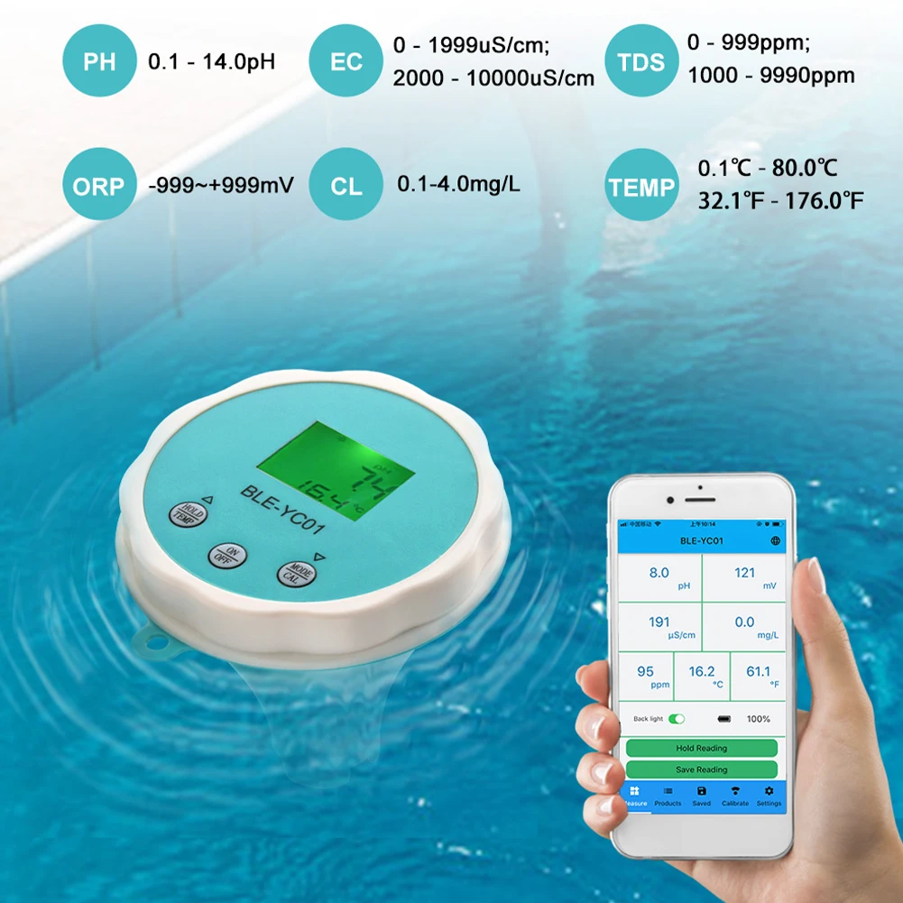 Digital PH Meter Bluetooth-compatible 6-in-1 PH Tester PH/TDS/EC/CL/ORP/Temp Meter High Accuracy Water Quality Tester