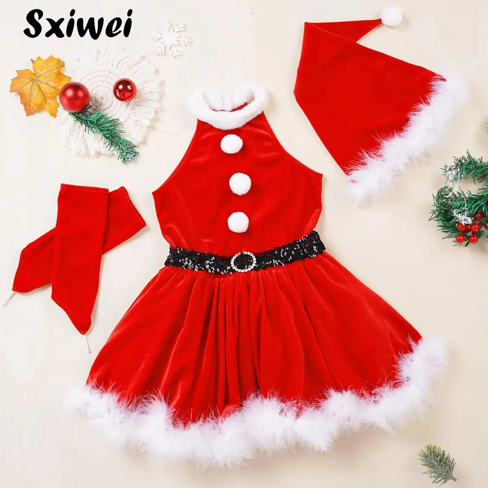 

Girls Belted Sleeveless Christmas Santa Claus Xmas Theme Costume Cosplay Outfit Red Velvet Ballet Tutu Skating Dance Dress+Hat