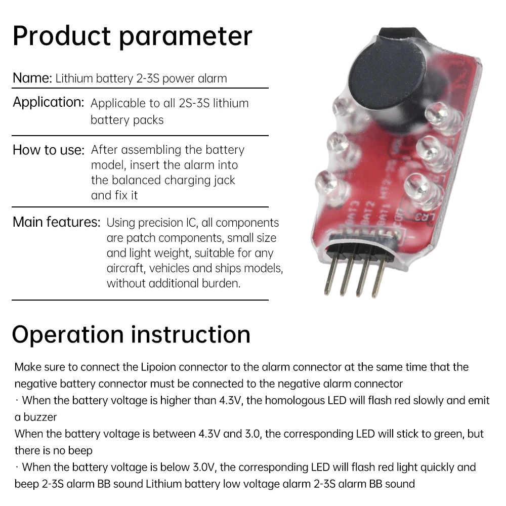 2-3S Lithium Battery Power Level Alarm Aircraft Model Battery Power Low Voltage alarming Module with Precision IC and LED Light