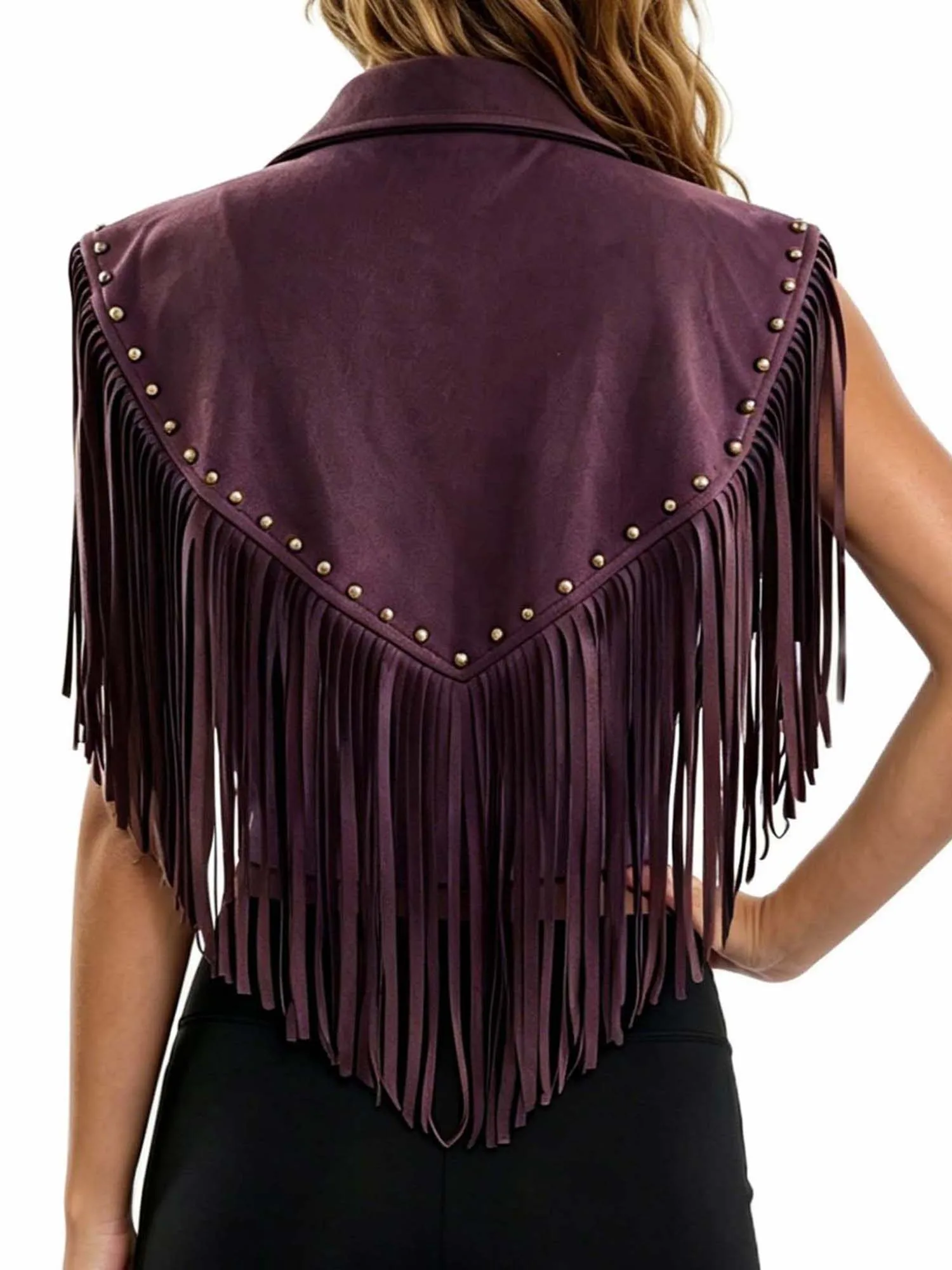 Damenweste, ärmellos, Reverskragen, genietet, mit Quasten, unregelmäßige Form, Gilet – Detail 9
