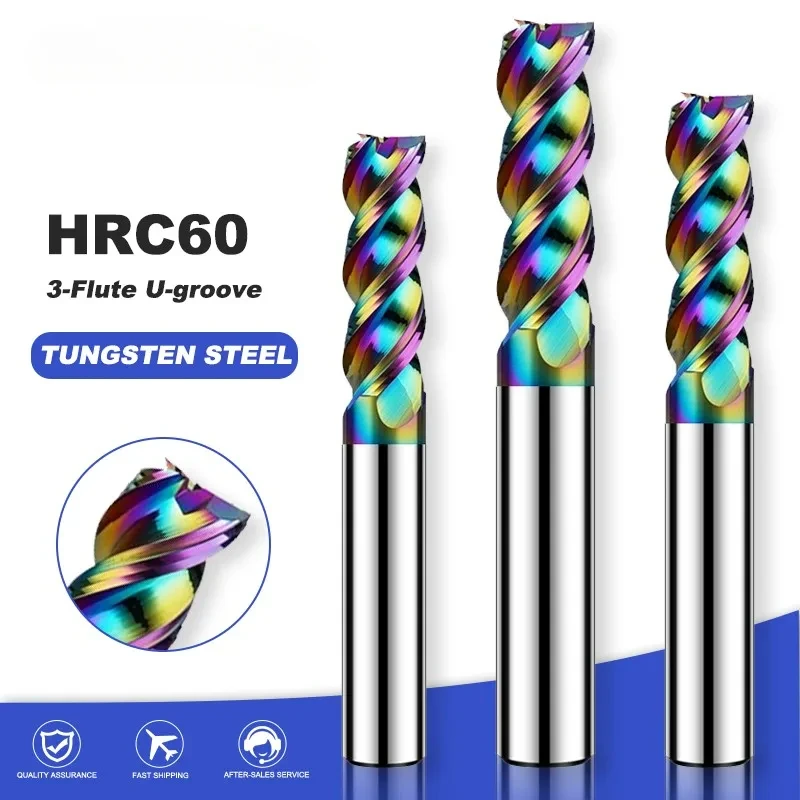 HRC60 3-Flute DLC Colorful Coating U-groove Aluminum Milling Cutter Tungsten Steel Carbide CNC Machinery Endmill Tools