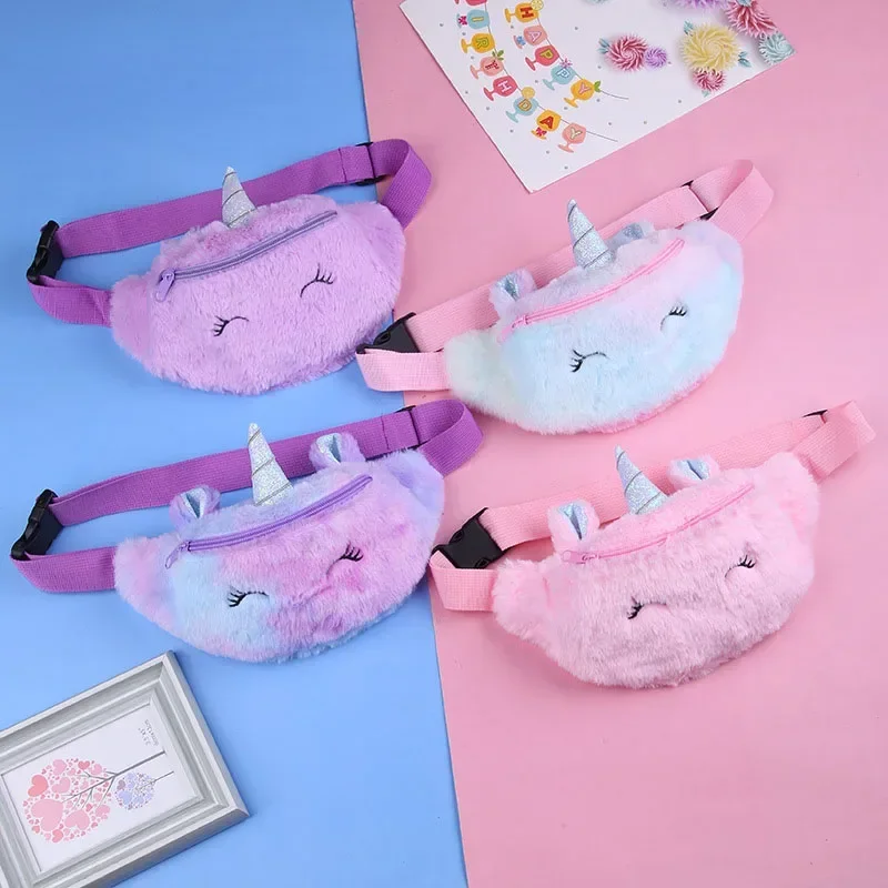 Cute Unicorn Children Fanny Pack Girl Waist Bags Purse Downy Chest Bag 2024 New Winter Plush Waist Belt Bag Child Birthday Gifts