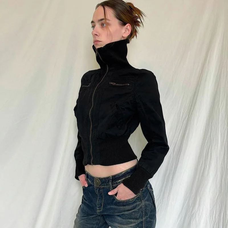 

2024 Early Autumn Street Trendsetters Cool Workwear Style Slim Fit Stand Up Collar Zipper Solid Color Long Sleeved Short Jacket