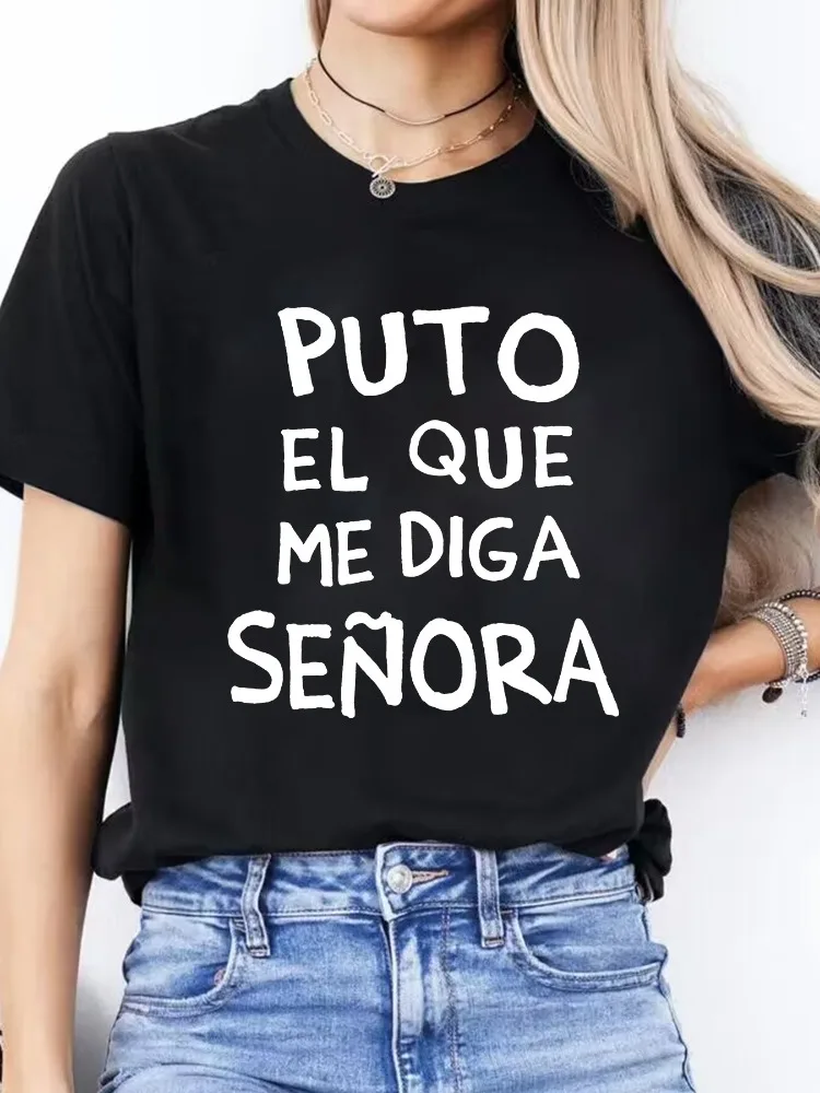 T-shirt décontracté à manches courtes pour femmes avec lettres espagnoles audacieuses imprimées en vert vif, encolure ronde, usage quotidien, T-shirt pour femmes