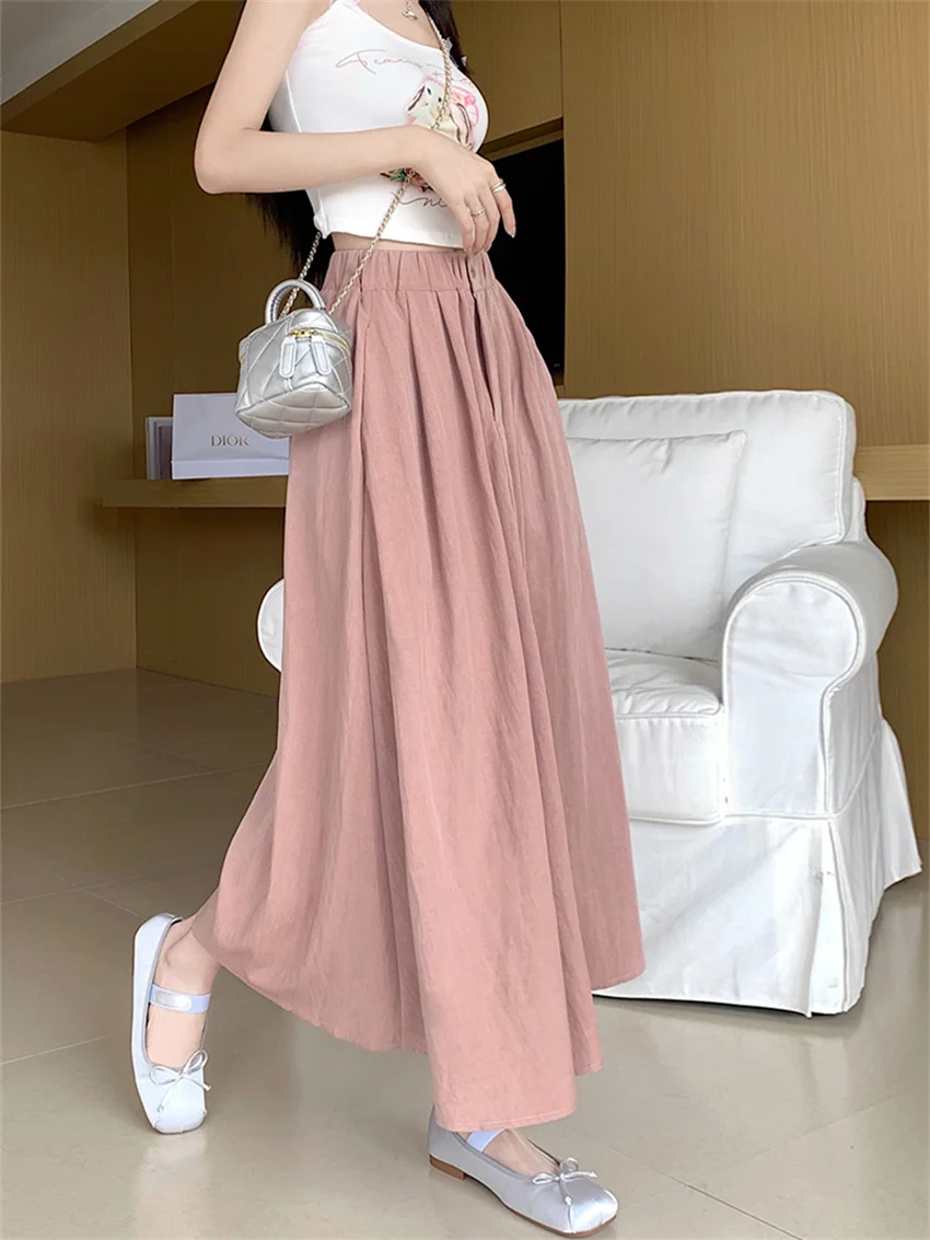 PLAMTEE Chic Pleated Long Skirts Women High Waist Streetwear 2024 Spring Office Lady Fashion Loose Work Wear Daily Minimalist