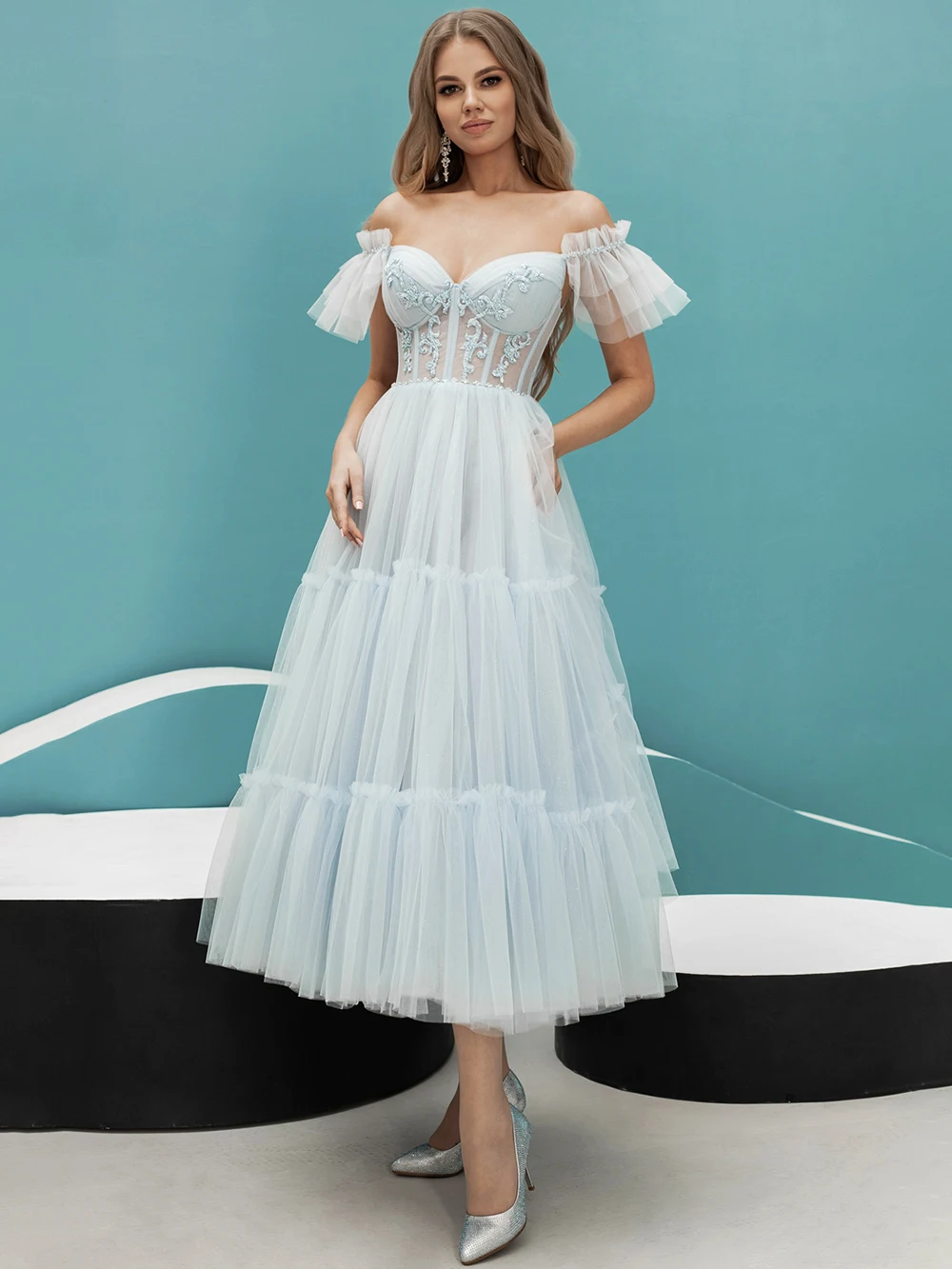 

BridalAffairCharming Blue Prom Dress Off The Shoulder A Line Tulle Tiered Ankle Length Evening Party Gown Puff Sleeves Vestido