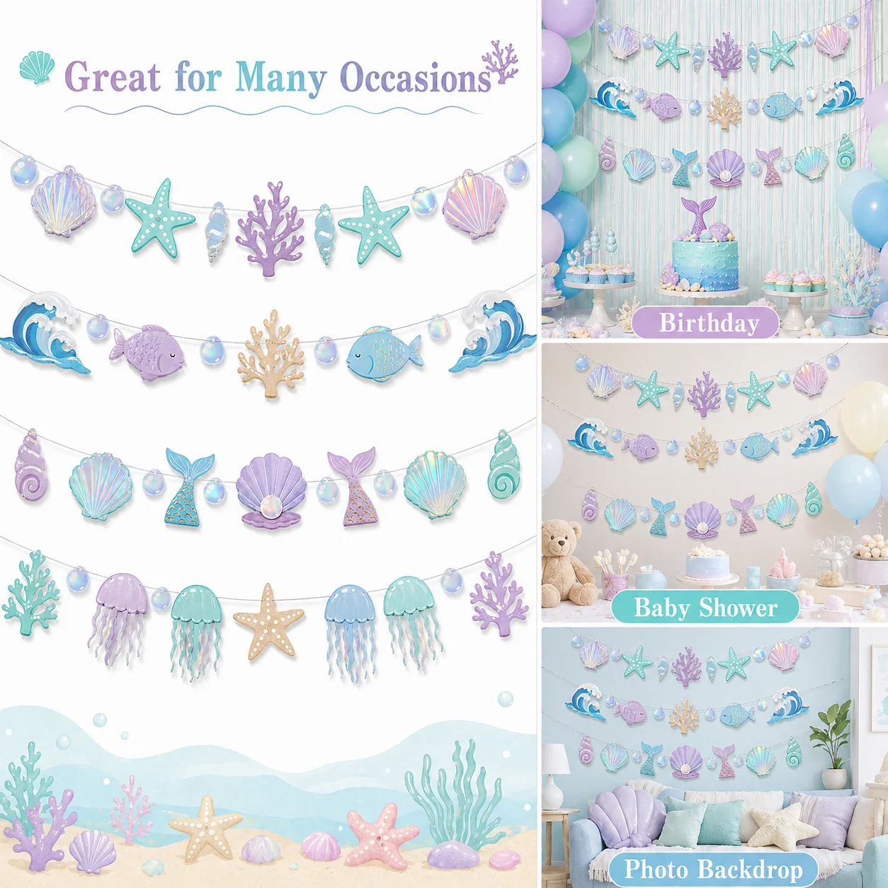 

Iridescent Seashell Garland, Preassembled No DIY Ocean Theme Party Decor, Durable Cardstock with Reinforced Stitching, 8 Strings