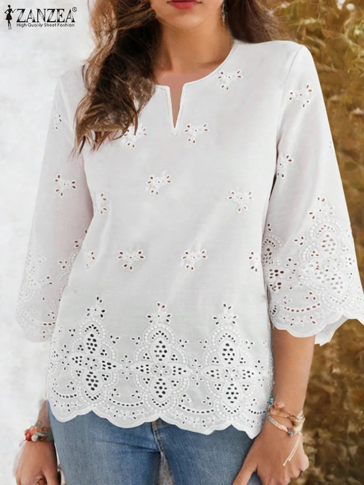 ZANZEA V Neck 3/4 Sleeve Blouses Fashion Solid Lace Patchwork Holiday Shirt Tops Holiday Casual Women Hollow Out Blusas Mujer