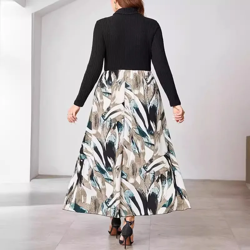 Plus Size Dress High Collar Patchwork Printed Long Sleeves Fashion Skinny A-line Skirt Autumn Winter Temperament Commuting Frock