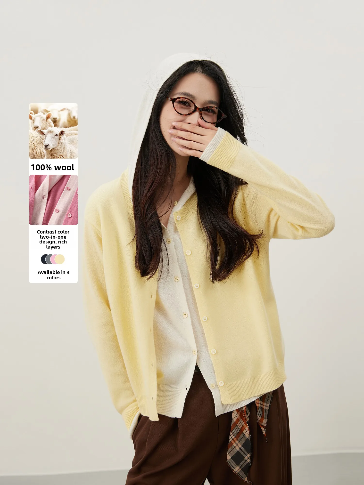 

Mijia High Quali Woolen Knitted Hooded Open Cardigan Women's Autumn Faion Color Blo Fake Two-Piece Ele Sle Long S...