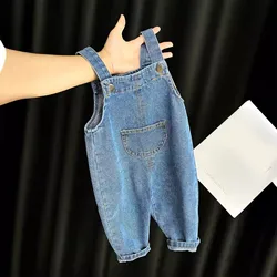 2024 New Autumn Baby Overall Boys Suspender Simple Trousers Infant Cute Solid Denim Rompers 0-3t