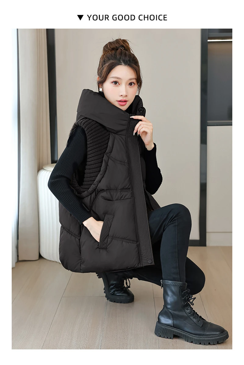 A-word Vest Down Cotton Padded Jackets Short Waistcoat Mid-Length Slim Hooded Autumn Winter Jackets Solid Women's Coats Trend