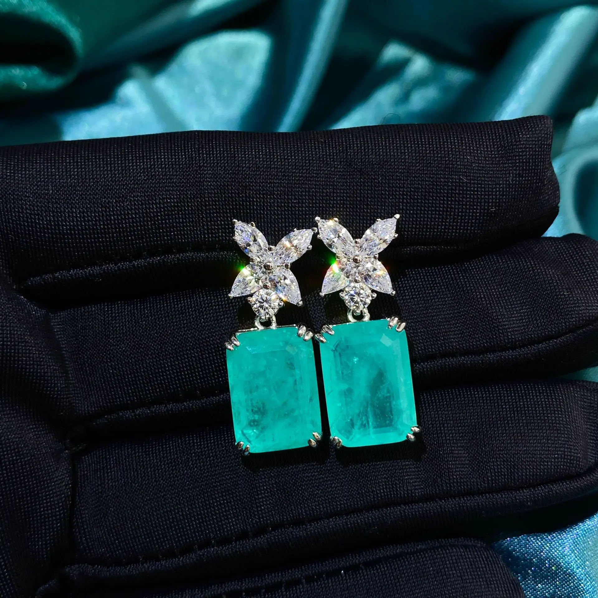 Oval 925 silver four-leaf clover rectangular earrings Paraiba earrings 10*14 fashion all-match jewelry party gifts