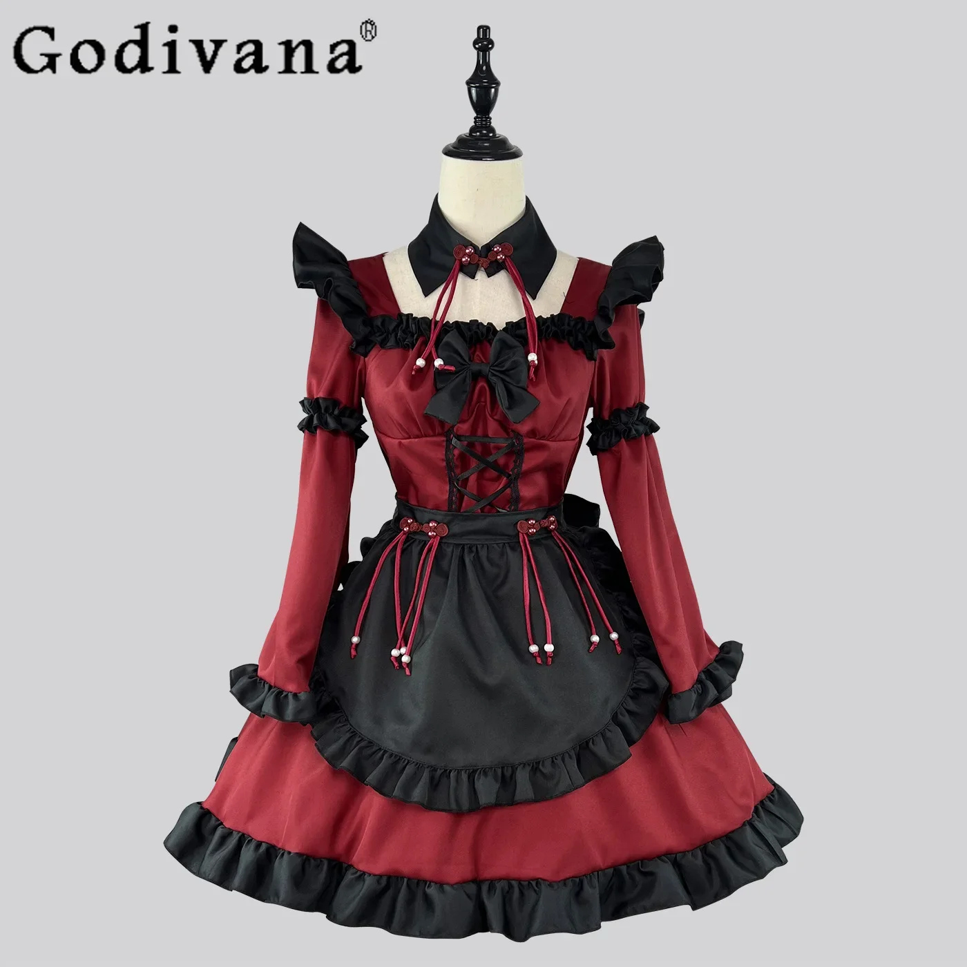 

Gothic Lolita Maid Outfit Dress Anime Cos Dress Fashion Princess Party Bow Pleated Skirt