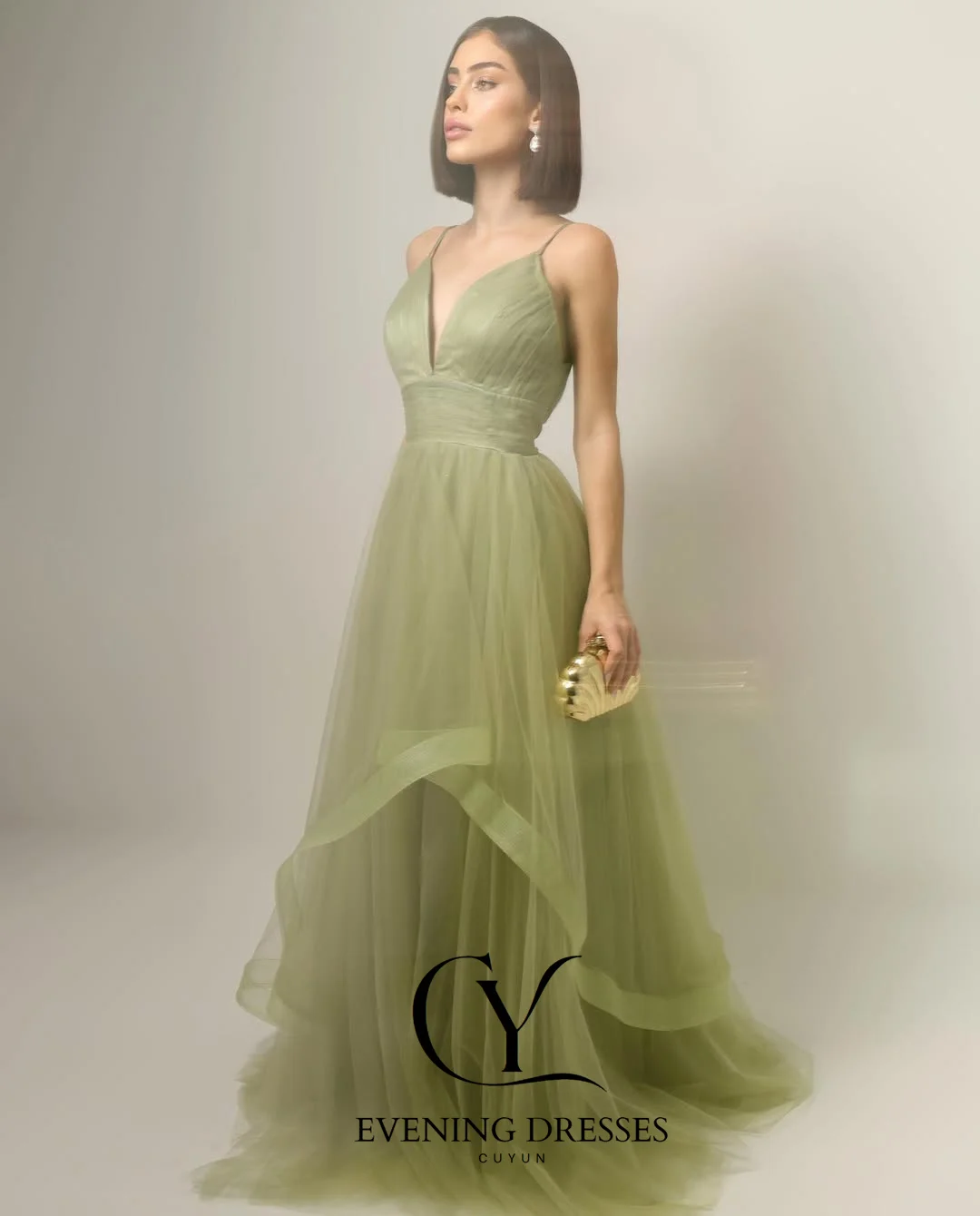 CUYUN Sage-vestidos elegantes de graduación con tirantes finos para mujer, vestidos de noche de tul suave con cuello en V personalizados, vestido de fiesta 2026